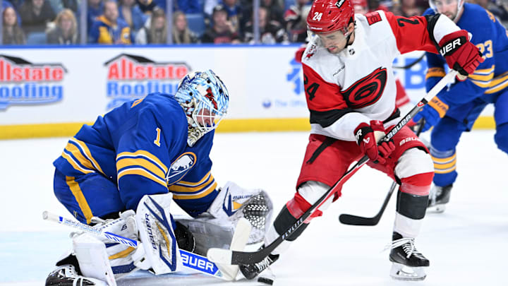 Nov 23, 2025; Buffalo, New York, USA; Carolina Hurricanes center Seth Jarvis (24) tries to get the puck past Buffalo Sabres goaltender Ukko-Pekka Luukkonen (1) in the first period at KeyBank Center. Mandatory Credit: Mark Konezny-Imagn Images Nov 23, 2025; Buffalo, New York, USA; Carolina Hurricanes center Seth Jarvis (24) tries to get the puck past Buffalo Sabres goaltender Ukko-Pekka Luukkonen (1) in the first period at KeyBank Center. Mandatory Credit: Mark Konezny-Imagn Images