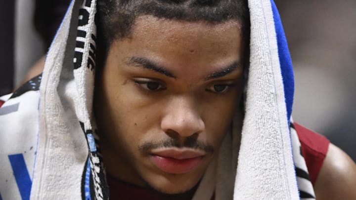 Arkansas guard Darius Acuff Jr. (5) is seen during a timeout against the Arizona Wildcats in the second half during a Sweet 16 game of the West Regional of the men's 2026 NCAA Tournament at SAP Center. 