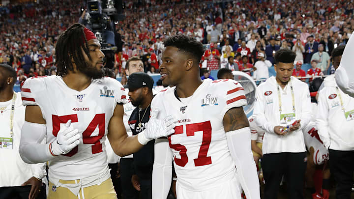 San Francisco 49ers linebackers Fred Warner (L) and Dre Greenlaw (R)