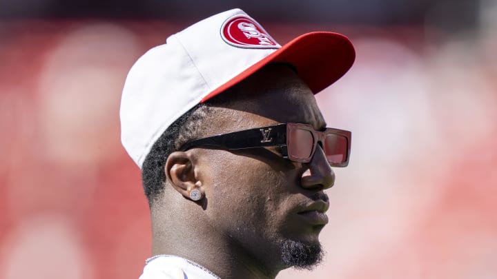 August 18, 2024; Santa Clara, California, USA; San Francisco 49ers wide receiver Deebo Samuel Sr. (1) watches warm ups before the game against the New Orleans Saints at Levi's Stadium. Mandatory Credit: Kyle Terada-Imagn Images August 18, 2024; Santa Clara, California, USA; San Francisco 49ers wide receiver Deebo Samuel Sr. (1) watches warm ups before the game against the New Orleans Saints at Levi's Stadium. Mandatory Credit: Kyle Terada-Imagn Images