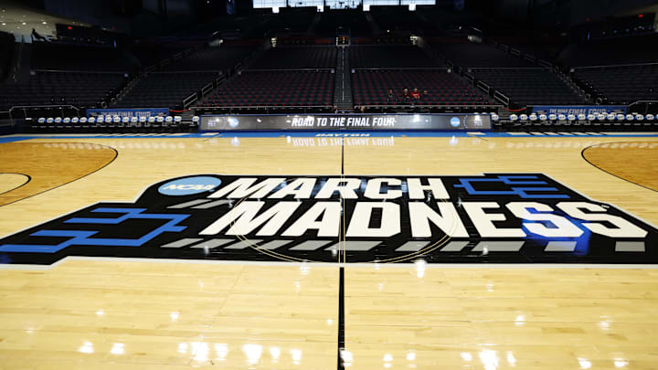 Mar 16, 2026; Dayton, OH, USA; Detailed viewed of March Madness logo on the court during a practice session ahead of the first four of the men's 2026 NCAA Tournament at University of Dayton Arena. Mandatory Credit: Rick Osentoski-Imagn Images