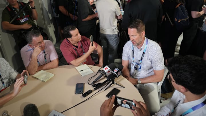 Dallas Cowboys head coach Brian Schottenheimer answers questions from the media during the NFL Annual League Meeting at The Breakers. 