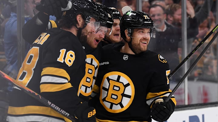 Oct 23, 2025; Boston, Massachusetts, USA; Boston Bruins center Casey Mittelstadt (11) celebrates his goal with left wing Viktor Arvidsson (71) and center Pavel Zacha (18) during the first period against the Anaheim Ducks at TD Garden. Mandatory Credit: Bob DeChiara-Imagn Images Oct 23, 2025; Boston, Massachusetts, USA; Boston Bruins center Casey Mittelstadt (11) celebrates his goal with left wing Viktor Arvidsson (71) and center Pavel Zacha (18) during the first period against the Anaheim Ducks at TD Garden. Mandatory Credit: Bob DeChiara-Imagn Images