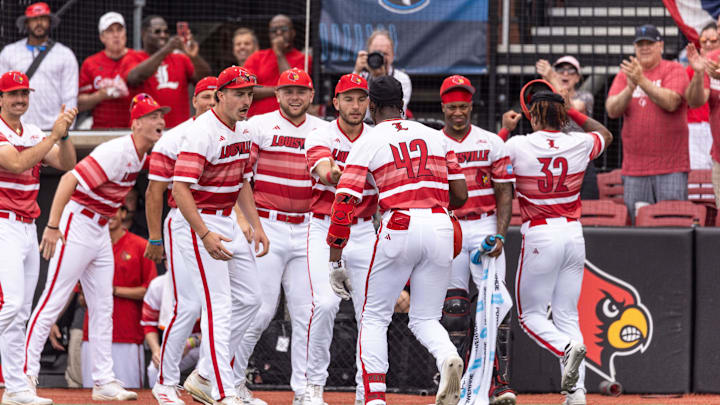 Louisville outfielder Eddie King Jr. celebrates a home run in the third to put the Cards up 3-1 during the NCAA baseball Super Regional game 2 at Jim Patterson Stadium on June 7, 2025 in Louisville, Ky.