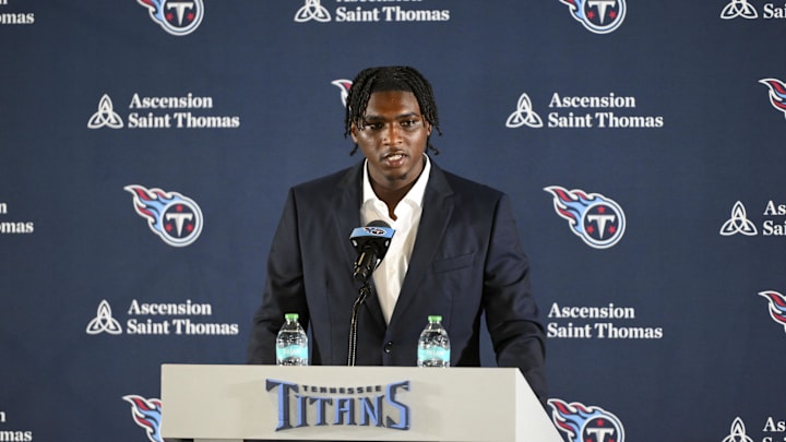 Tennessee Titans first round draft pick Cameron Ward speaks to the media at a press conference. Mandatory Credit: Steve Roberts-Imagn Images
