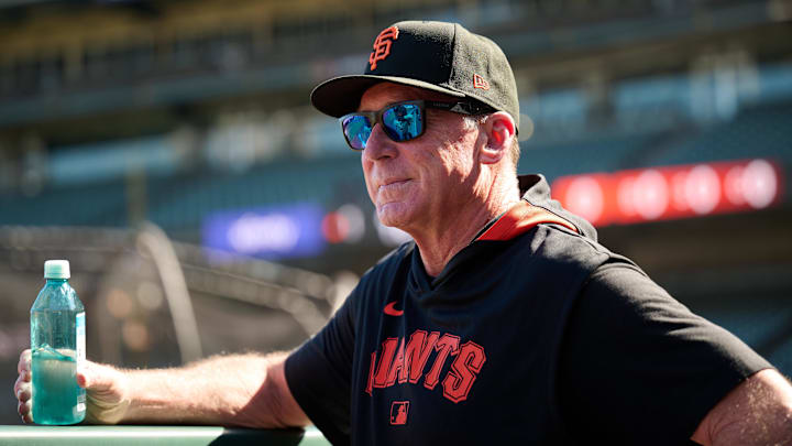 Aug 8, 2025; San Francisco, California, USA; San Francisco Giants manager Bob Melvin (6) looks on before the game between the San Francisco Giants and the Washington Nationals at Oracle Park. Aug 8, 2025; San Francisco, California, USA; San Francisco Giants manager Bob Melvin (6) looks on before the game between the San Francisco Giants and the Washington Nationals at Oracle Park.
