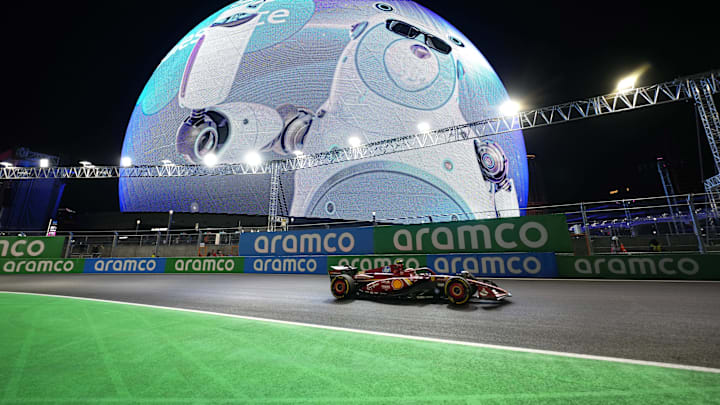 Nov 21, 2024; Las Vegas, Nevada, USA; Scuderia Ferrari driver Carlos Sainz of Spain (55) drives during practice for the Formula 1 Heineken Silver Las Vegas Grand Prix at Las Vegas Circuit. Mandatory Credit: Lucas Peltier-Imagn Images