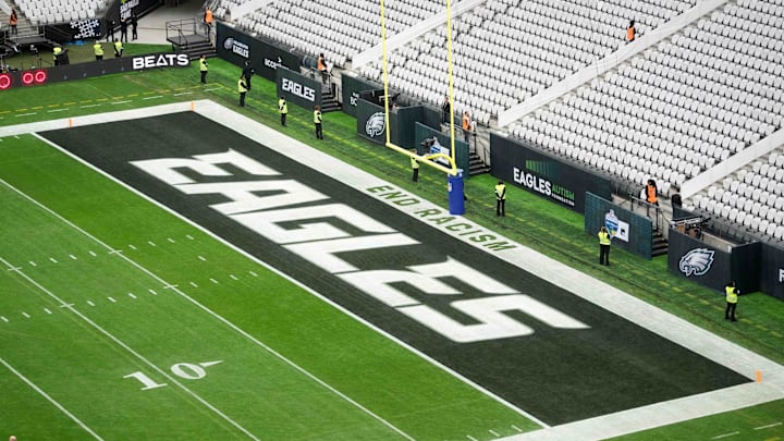 Sep 6, 2024; Sao Paulo, Brazil; The Philadelphia Eagles logo in the end zone at the 2024 NFL Sao Paolo Game at Neo Quimica Arena. Mandatory Credit: Kirby Lee-Imagn Images Sep 6, 2024; Sao Paulo, Brazil; The Philadelphia Eagles logo in the end zone at the 2024 NFL Sao Paolo Game at Neo Quimica Arena. Mandatory Credit: Kirby Lee-Imagn Images