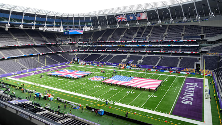 Oct 6, 2024; London, United Kingdom; British and United States flags on the field at Tottenham Hotspur Stadium.