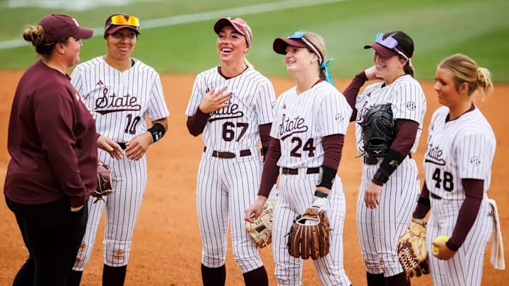 Mississippi State Head Coach Samantha Ricketts, Mississippi State Infielder Nadia Barbary (#10), Mississippi State infielder Kylee Edwards (#67), Mississippi State Catcher/Infielder Riley Hull (#4), Mississippi State Infielder Morgan Stiles (#24) and Mississippi State Pitcher/Infielder Delainey Everett (#48) during the SEC Tournament second round game against LSU at Jack Turner Softball Stadium in Athens, GA. Mississippi State Head Coach Samantha Ricketts, Mississippi State Infielder Nadia Barbary (#10), Mississippi State infielder Kylee Edwards (#67), Mississippi State Catcher/Infielder Riley Hull (#4), Mississippi State Infielder Morgan Stiles (#24) and Mississippi State Pitcher/Infielder Delainey Everett (#48) during the SEC Tournament second round game against LSU at Jack Turner Softball Stadium in Athens, GA.