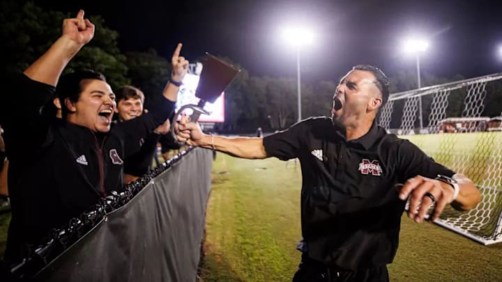 Mississippi State Head Coach Nick Zimmerman during the match between the Wake Forest Demon Deacons and the Mississippi State Bulldogs at the MSU Soccer Field in Starkville, MS. Mississippi State Head Coach Nick Zimmerman during the match between the Wake Forest Demon Deacons and the Mississippi State Bulldogs at the MSU Soccer Field in Starkville, MS.