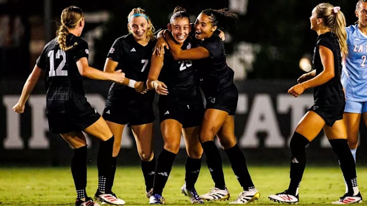 Mississippi State Centerfielder Zoe Main (#7), Mississippi State Midfielder Laila Juliette Murillo (#25) and Mississippi State Forward Kyra Taylor (#3) during the match between the Louisiana Tech Bulldogs and the Mississippi State Bulldogs at the MSU Soccer Field in Starkville, MS.