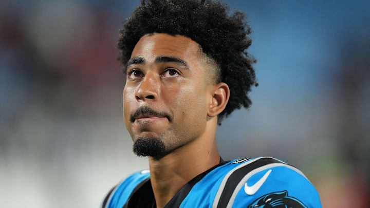 CHARLOTTE, NORTH CAROLINA - OCTOBER 13: Bryce Young #9 of the Carolina Panthers leaves the field following their 20-38 loss against the Atlanta Falcons at Bank of America Stadium on October 13, 2024 in Charlotte, North Carolina. CHARLOTTE, NORTH CAROLINA - OCTOBER 13: Bryce Young #9 of the Carolina Panthers leaves the field following their 20-38 loss against the Atlanta Falcons at Bank of America Stadium on October 13, 2024 in Charlotte, North Carolina.