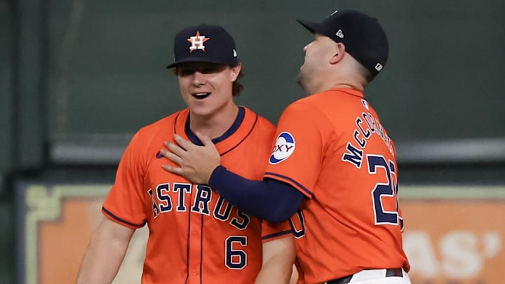 Jun 14, 2024; Houston, Texas, USA; Houston Astros right fielder Chas McCormick (20) hugs center fielder Jake Meyers (6) after they defeated the Detroit Tigers at Minute Maid Park Jun 14, 2024; Houston, Texas, USA; Houston Astros right fielder Chas McCormick (20) hugs center fielder Jake Meyers (6) after they defeated the Detroit Tigers at Minute Maid Park