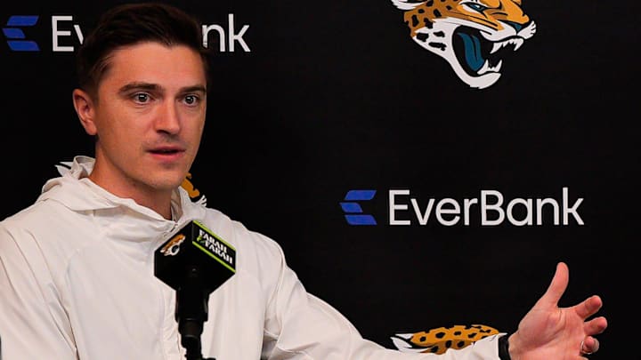Jaguars General Manager James Gladstone talked about the upcoming NFL Draft during the Jacksonville Jaguars’ annual pre-draft luncheon press conference in the media room at the Miller Electric Center Thursday April 9, 2026 in Jacksonville, Fla. [Doug Engle/Florida Times-Union]