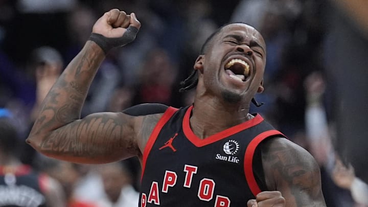 Apr 23, 2026; Toronto, Ontario, CAN; Toronto Raptors guard Jamal Shead (23) reacts after a play against the Cleveland Cavaliers during the second half of game three of the first round of the 2026 NBA Playoffs at Scotiabank Arena. Mandatory Credit: John E. Sokolowski-Imagn Images