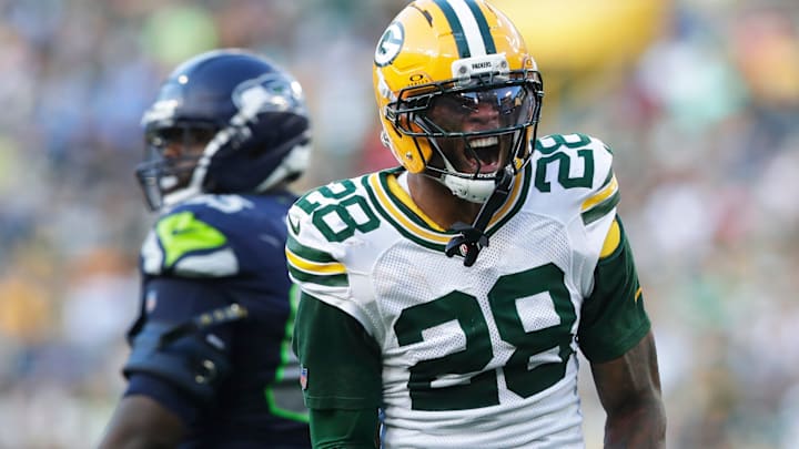 Green Bay Packers linebacker Isaiah Simmons (28) celebrates during a preseason game against the Seattle Seahawks on Aug. 23, 2025, at Lambeau Field in Green Bay, Wis. The Packers defeated the Seahawks 20-7.