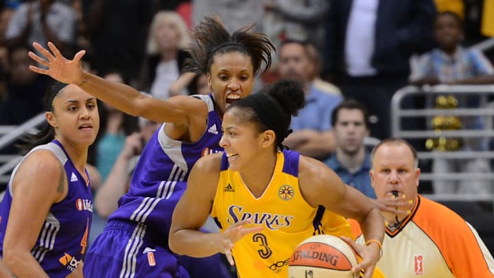 Sep 23, 2013; Los Angeles, CA, USA;  Los Angeles Sparks center Candace Parker (3) can't get off a shot as Phoenix Mercury guard Dewanna Bonner (24) and Phoenix Mercury forward Candice Dupree (4) apply pressure in the fourth quarter of game three of the Western Conference Semi-Finals at the Staples Center. Phoenix won 78-77.  Mandatory Credit: Jayne Kamin-Oncea-Imagn Images