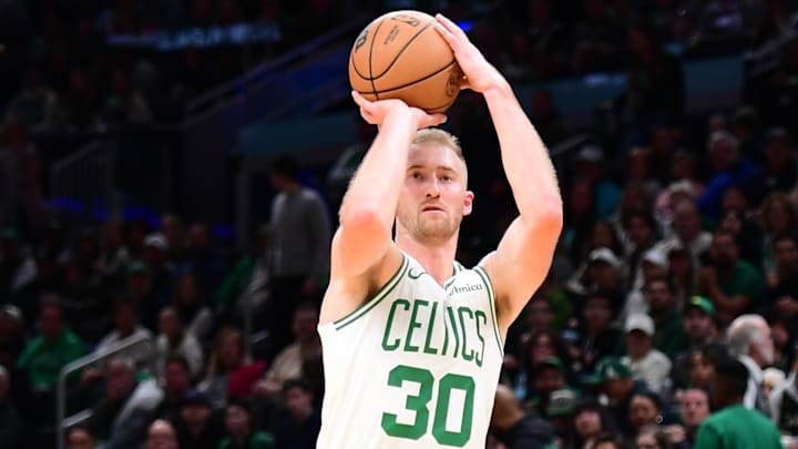 Oct 13, 2024; Boston, Massachusetts, USA;  Boston Celtics forward Sam Hauser (30) shoots the ball during the first half against the Toronto Raptors at TD Garden. Mandatory Credit: Bob DeChiara-Imagn Images