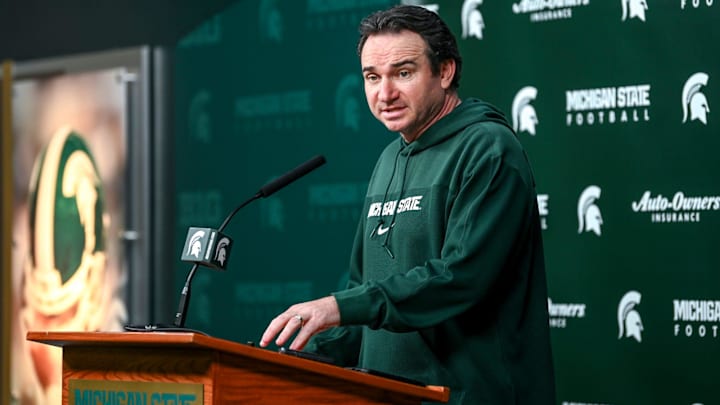 Michigan State coach Jonathan Smith talks the media on the first national signing day for college football recruits Wednesday, Dec. 20, 2023, at Spartan Stadium in East Lansing.