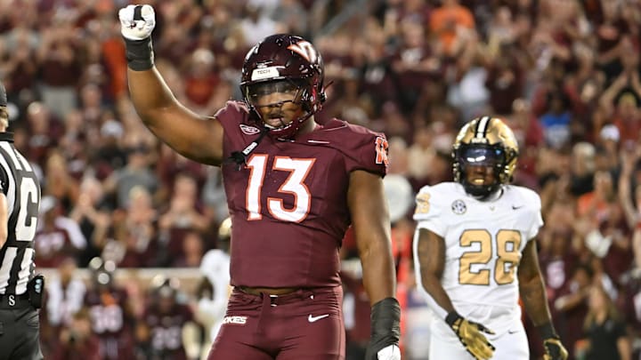 Sep 6, 2025; Blacksburg, Va.; Virginia Tech defensive lineman Kemari Copeland (13) celebrates a defensive stop against Vanderbilt. Sep 6, 2025; Blacksburg, Va.; Virginia Tech defensive lineman Kemari Copeland (13) celebrates a defensive stop against Vanderbilt.
