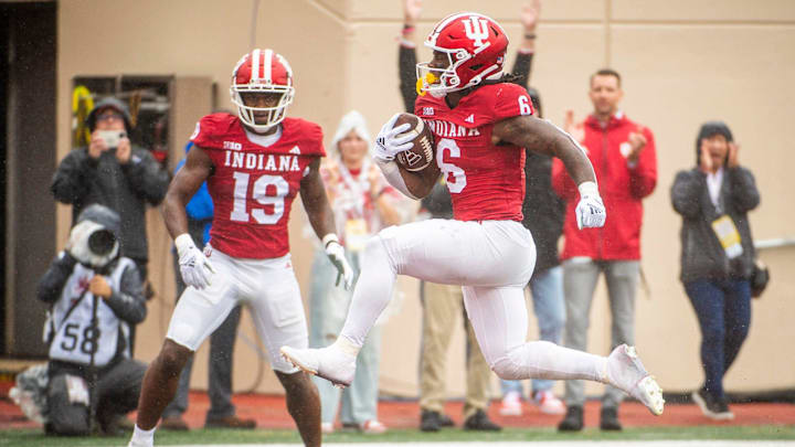 Indiana's Justice Ellison (6) scores during the Indiana versus Maryland football game at Memorial Stadium on Saturday, Sept. 28, 2024. Indiana's Justice Ellison (6) scores during the Indiana versus Maryland football game at Memorial Stadium on Saturday, Sept. 28, 2024.