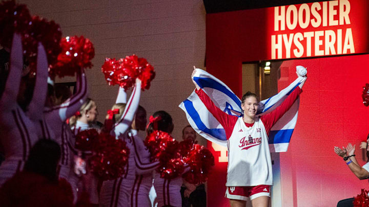 Indiana's Yarden Garzon is introduced during Hoosier Hysteria at Simon Skjodt Assembly Hall on Friday, Oct. 18, 2024. Garzon is a recent example of a player Indiana got directly from a club team overseas.
