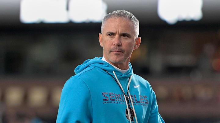 Nov 1, 2025; Tallahassee, Florida, USA; Florida State Seminoles head coach Mike Norvell looks on before the game against the Wake Forest Demon Deacons at Doak S. Campbell Stadium. Mandatory Credit: Melina Myers-Imagn Images