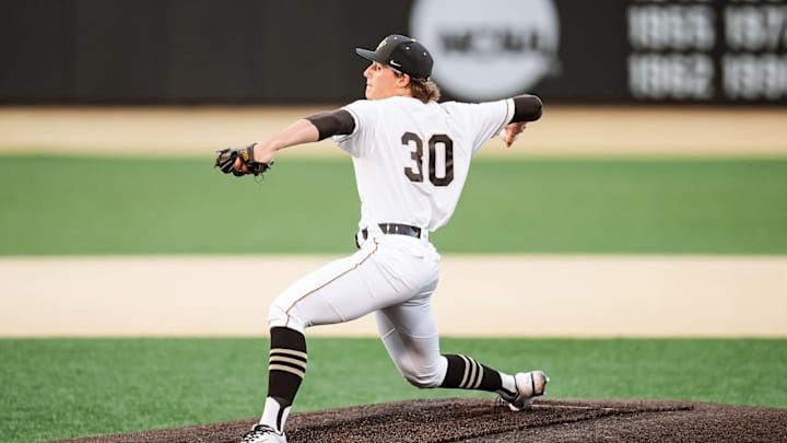 Wake Forest reliever Duncan Marsten (30) delivers a pitch against the Siena Saints, February 21, 2026.