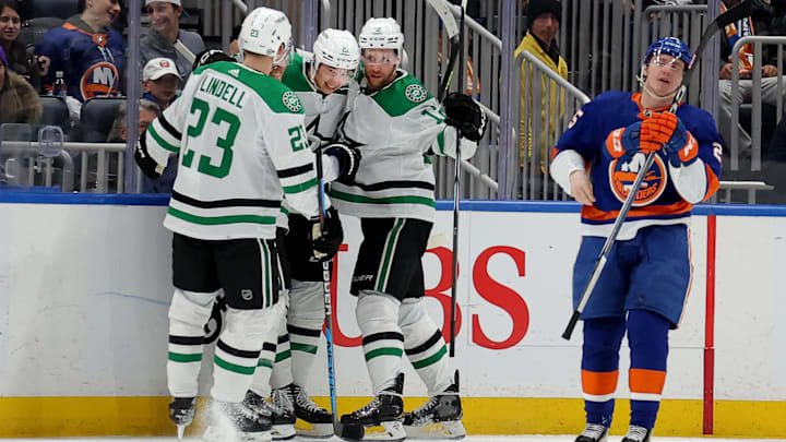 Jan 21, 2024; Elmont, New York, USA; Dallas Stars left wing Jason Robertson (21) celebrates his goal