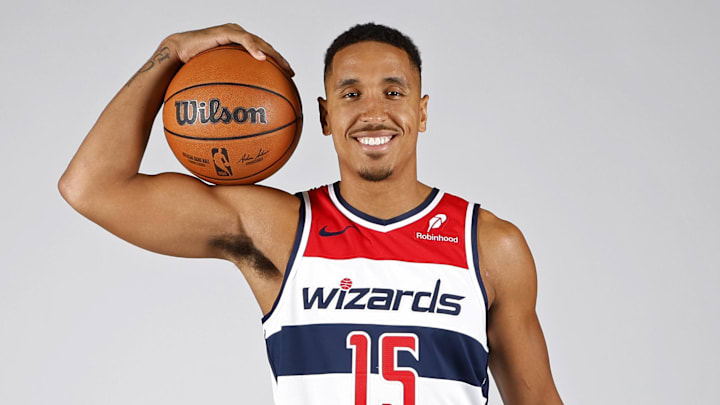 Sep 30, 2024; Washington, DC, USA; Washington Wizards guard Malcolm Brogdon (15) poses for a portrait during Washington Wizards media day 2024 at Capital One Arena. Sep 30, 2024; Washington, DC, USA; Washington Wizards guard Malcolm Brogdon (15) poses for a portrait during Washington Wizards media day 2024 at Capital One Arena.