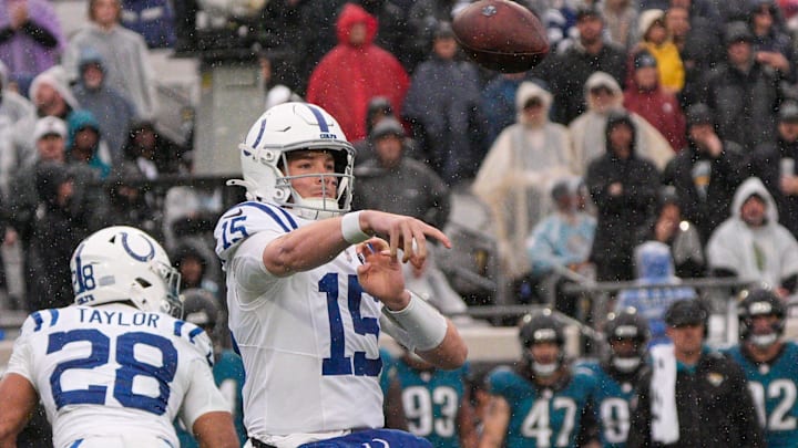 Indianapolis Colts quarterback Riley Leonard (15) passes in the second quarter during an NFL football game at EverBank Stadium, Sunday, Dec. 7, 2025, in Jacksonville, Fla. [Doug Engle/Florida Times-Union]