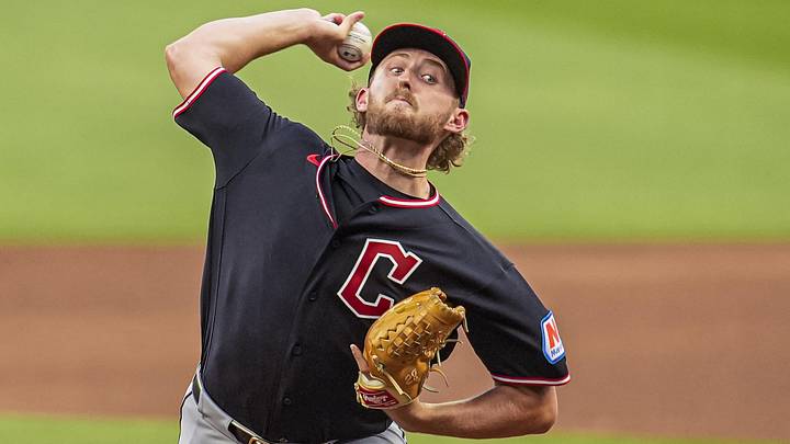 Apr 12, 2026: Cleveland Guardians pitcher Tanner Bibee (28) pitches against the Atlanta Braves during the first inning at Truist Park. 