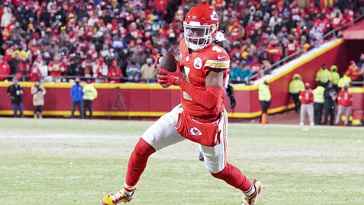 Jan 13, 2024; Kansas City, Missouri, USA; Kansas City Chiefs wide receiver Rashee Rice (4) catches a pass against the Miami Dolphins in a 2024 AFC wild card game at GEHA Field at Arrowhead Stadium. Mandatory Credit: Denny Medley-USA TODAY Sports Jan 13, 2024; Kansas City, Missouri, USA; Kansas City Chiefs wide receiver Rashee Rice (4) catches a pass against the Miami Dolphins in a 2024 AFC wild card game at GEHA Field at Arrowhead Stadium. Mandatory Credit: Denny Medley-USA TODAY Sports