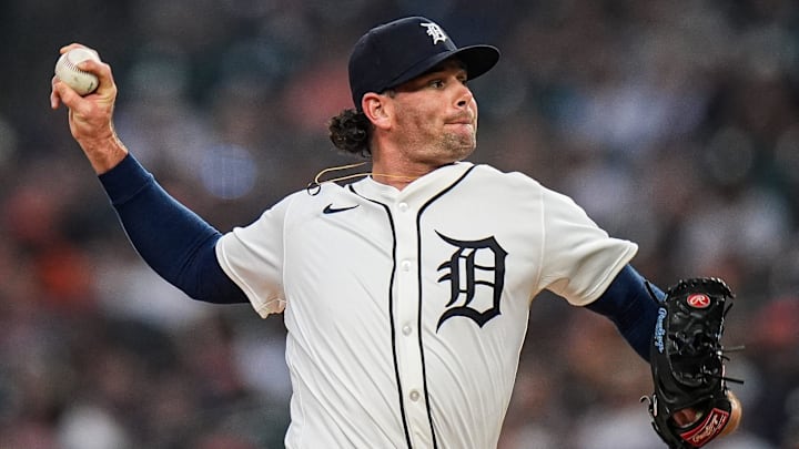 Detroit Tigers pitcher Kyle Finnegan (64) delivers a pitch against Minnesota Twins during the ninth inning at Comerica Park in Detroit in Monday, August 4, 2025.