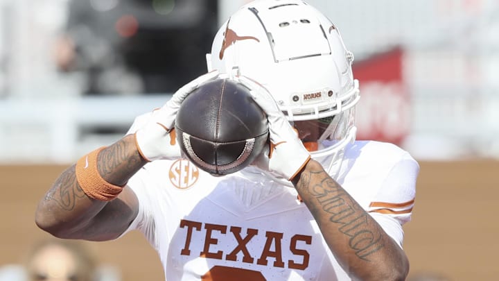 Texas Longhorns wide receiver Matthew Golden (2) catches a pass in the first quarter for a touchdown against Arkansas. Texas Longhorns wide receiver Matthew Golden (2) catches a pass in the first quarter for a touchdown against Arkansas.