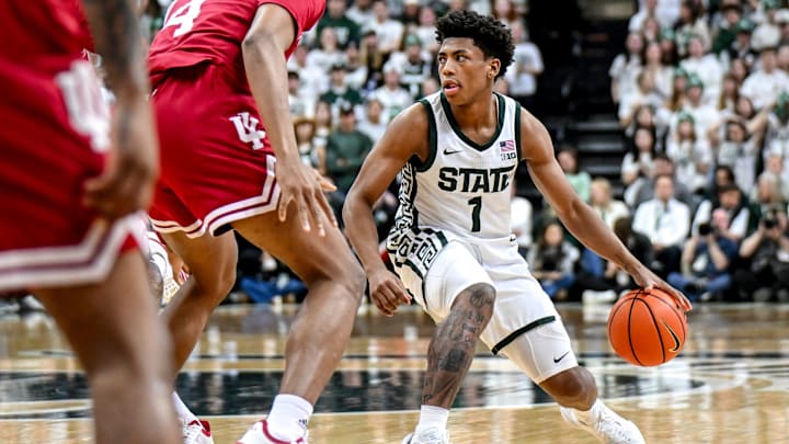Michigan State's Jeremy Fears Jr. moves the ball against Indiana during the first half on Tuesday, Jan. 13, 2026, at the Breslin Center in East Lansing.