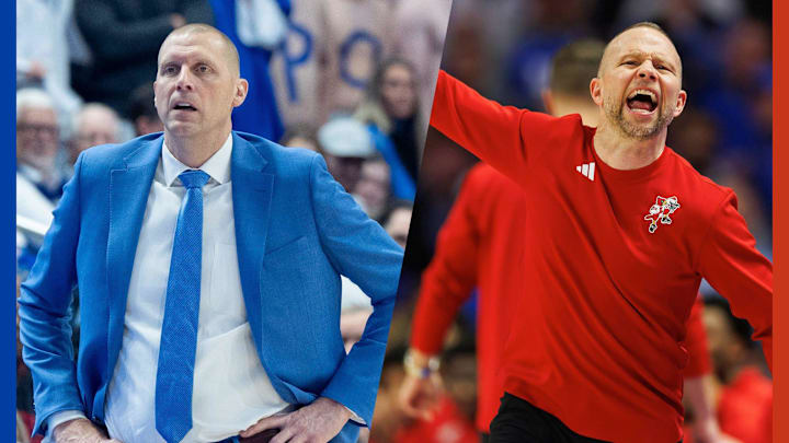 Kentucky basketball coach Mark Pope and Louisville basketball coach Pat Kelsey at the 2024 Battle of the Bluegrass game.