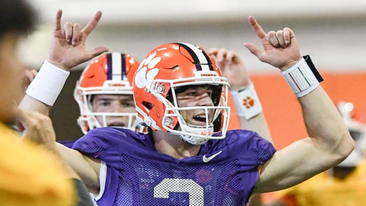 Clemson quarterback Cade Klubnik (2) warms up during Spring football practice at the Poe Indoor Practice Facility at the Allen N. Reeves football complex in Clemson S.C. Monday, March 4, 2024.