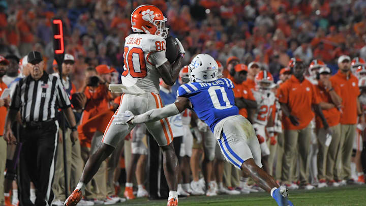 Sep 4, 2023; Durham, North Carolina, USA; Clemson Tigers wide receiver Beaux Collins (80) catches a pass near Duke Blue Devils cornerback Chandler Rivers (0) during the third quarter at Wallace Wade Stadium in Durham, N.C. Mandatory Credit: Ken Ruinard-Imagn Images Sep 4, 2023; Durham, North Carolina, USA; Clemson Tigers wide receiver Beaux Collins (80) catches a pass near Duke Blue Devils cornerback Chandler Rivers (0) during the third quarter at Wallace Wade Stadium in Durham, N.C. Mandatory Credit: Ken Ruinard-Imagn Images