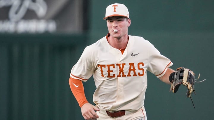Texas outfielder Max Belyeu (44) smiles after catching a hit in the outfield as the Longhorns play Texas State at UFCU Disch–Falk Field on Wednesday, April 10, 2024.
