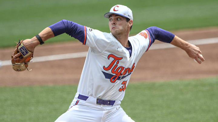 Clemson junior Caden Grice (31) pitches to University of North Carolina during the top of the first inning at Doug Kingsmore Stadium in Clemson Saturday, May 20, 2023. Clemson junior Caden Grice (31) pitches to University of North Carolina during the top of the first inning at Doug Kingsmore Stadium in Clemson Saturday, May 20, 2023.