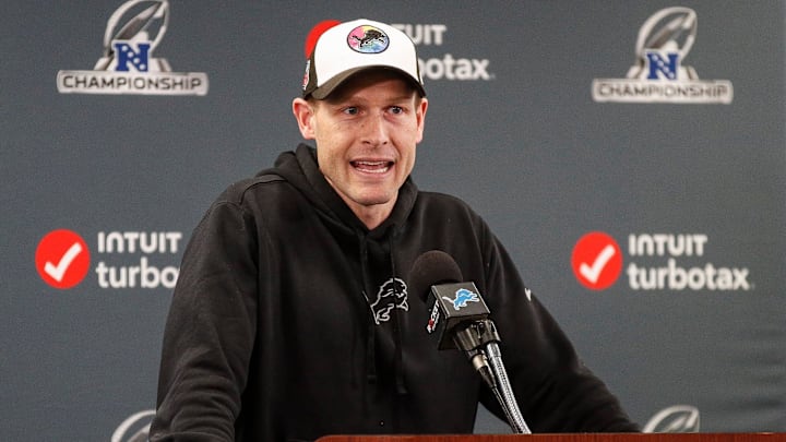 Detroit Lions offensive coordinator Ben Johnson speaks at Detroit Lions headquarters and training facility in Allen Park on Thursday, Jan. 25, 2024. Detroit Lions offensive coordinator Ben Johnson speaks at Detroit Lions headquarters and training facility in Allen Park on Thursday, Jan. 25, 2024.