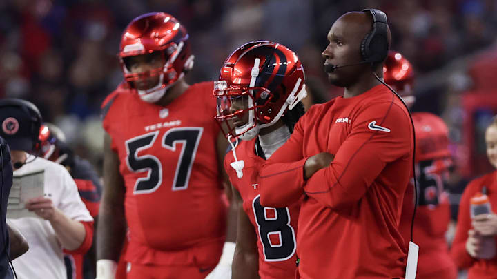 Nov 10, 2024; Houston, Texas, USA;  Houston Texans head coach DeMeco Ryans watches play against the Detroit Lions in the second quarter at NRG Stadium.