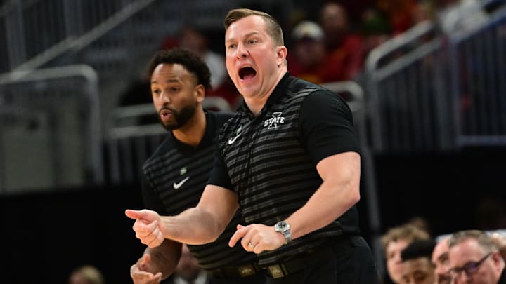 Mar 23, 2025; Milwaukee, WI, USA;  Iowa State Cyclones head coach T.J. Otzelberger reacts during the first half in the second round of the NCAA Tournament against the Mississippi Rebels at Fiserv Forum. 