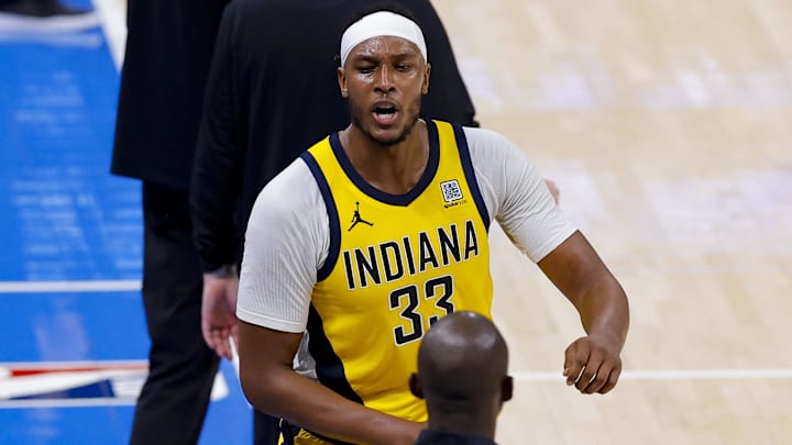 Jun 16, 2025; Oklahoma City, Oklahoma, USA; Indiana Pacers center Myles Turner (33) reacts during the third quarter against the Oklahoma City Thunder in game five of the 2025 NBA Finals at Paycom Center. Mandatory Credit: Alonzo Adams-Imagn Images