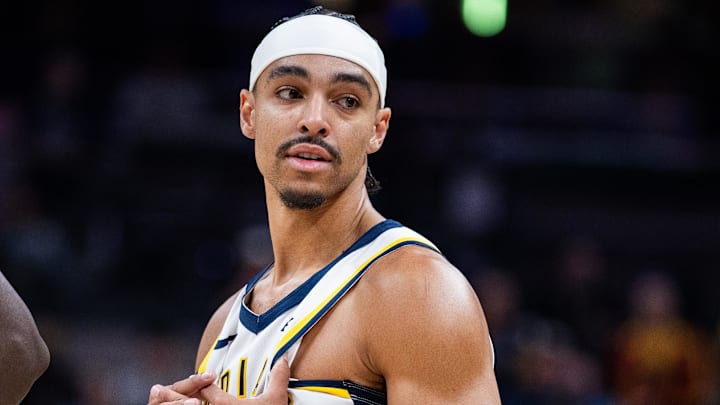 Indiana Pacers guard Andrew Nembhard (2) in the first half against the Oklahoma City Thunder at Gainbridge Fieldhouse. Indiana Pacers guard Andrew Nembhard (2) in the first half against the Oklahoma City Thunder at Gainbridge Fieldhouse.