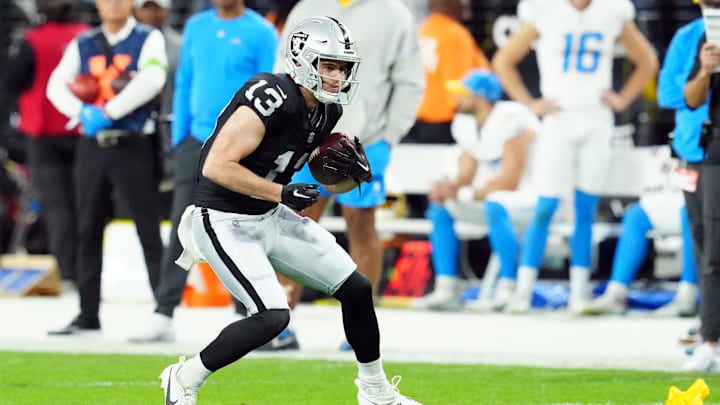 Dec 14, 2023; Paradise, Nevada, USA; Las Vegas Raiders wide receiver Hunter Renfrow (13) runs against the Los Angeles Chargers in the first quarter at Allegiant Stadium. Mandatory Credit: Stephen R. Sylvanie-Imagn Images