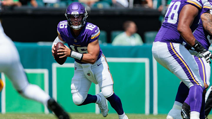 Aug 24, 2024; Philadelphia, Pennsylvania, USA; Minnesota Vikings quarterback Jaren Hall (16) runs with the ball during the second quarter against the Philadelphia Eagles at Lincoln Financial Field. Mandatory Credit: Caean Couto-Imagn Images