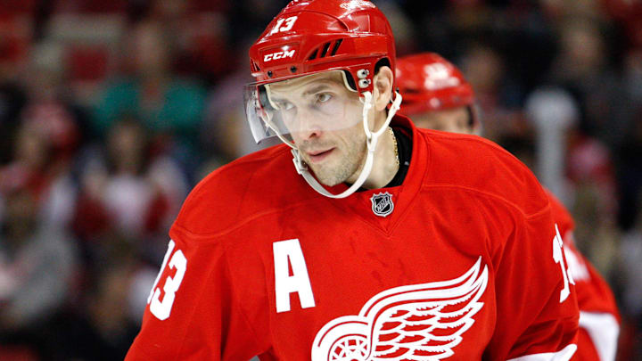 Apr 1, 2016; Detroit, MI, USA; Detroit Red Wings center Pavel Datsyuk (13) looks on during the second period against the Minnesota Wild at Joe Louis Arena. Red Wings win 3-2. Mandatory Credit: Raj Mehta-Imagn Images